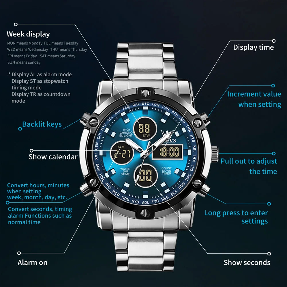 OLEVS Men's Multifunctional Digital Watch — Waterproof Stainless Steel Wristwatch