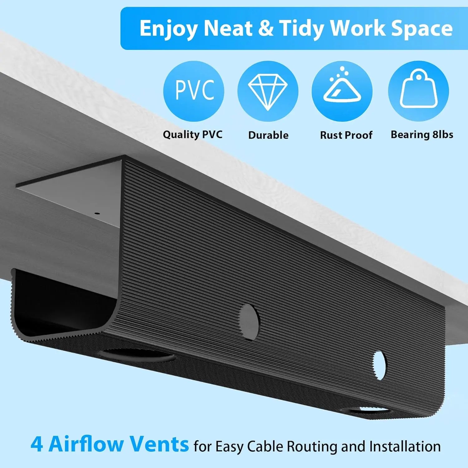 Large Capacity Cable Management Tray — Under Desk Organizer for Standing Desks