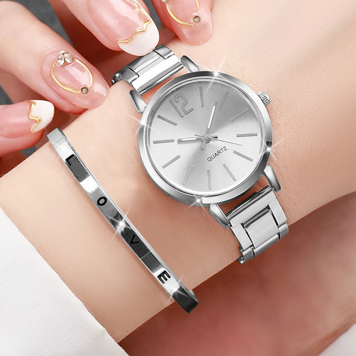 Women's Quartz Watch and Cuff Bracelet Set — Elegant Gold Steel Jewelry Duo