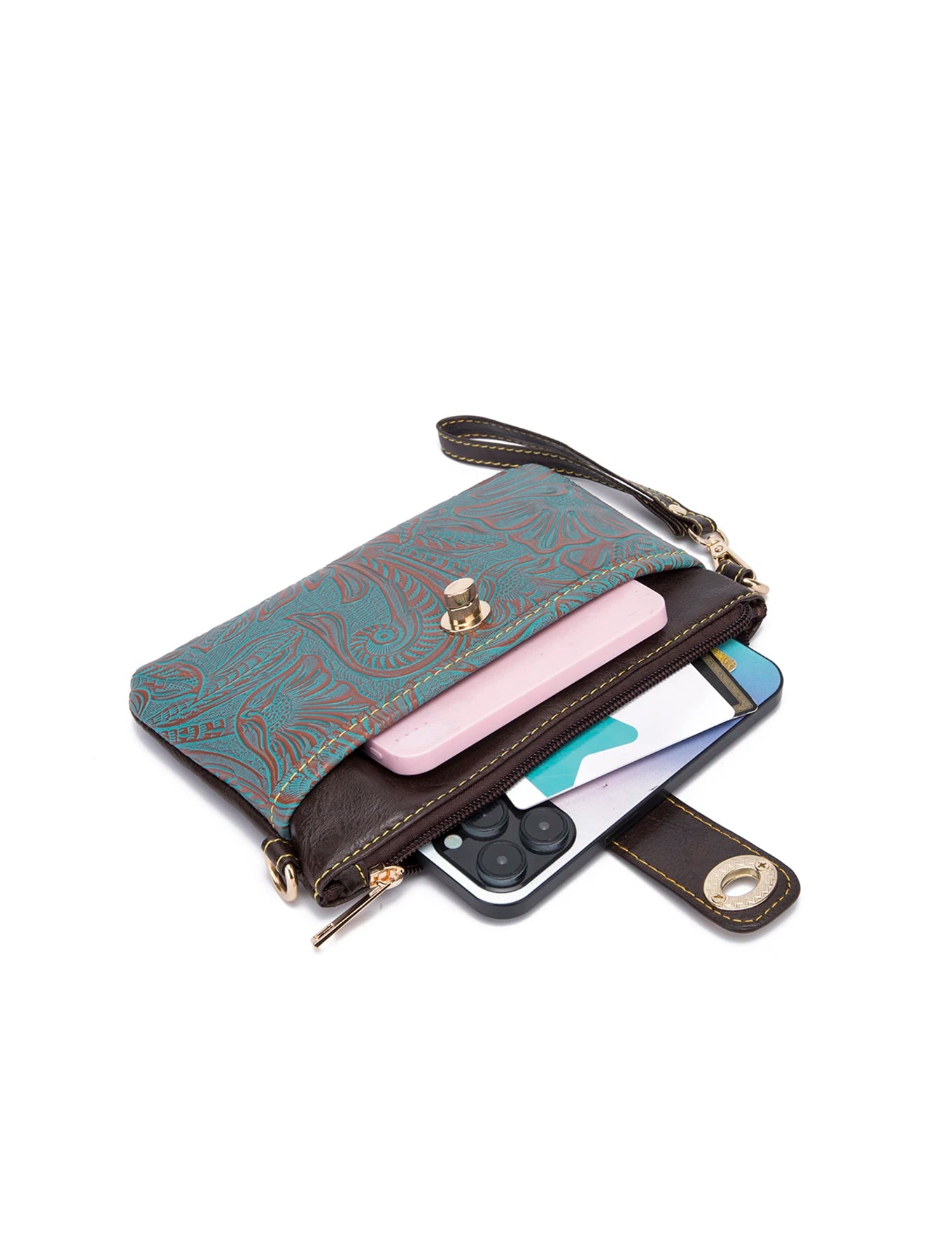 Floral Embossed Crossbody Bag — Multi-Compartment Shoulder Purse with Wristlet