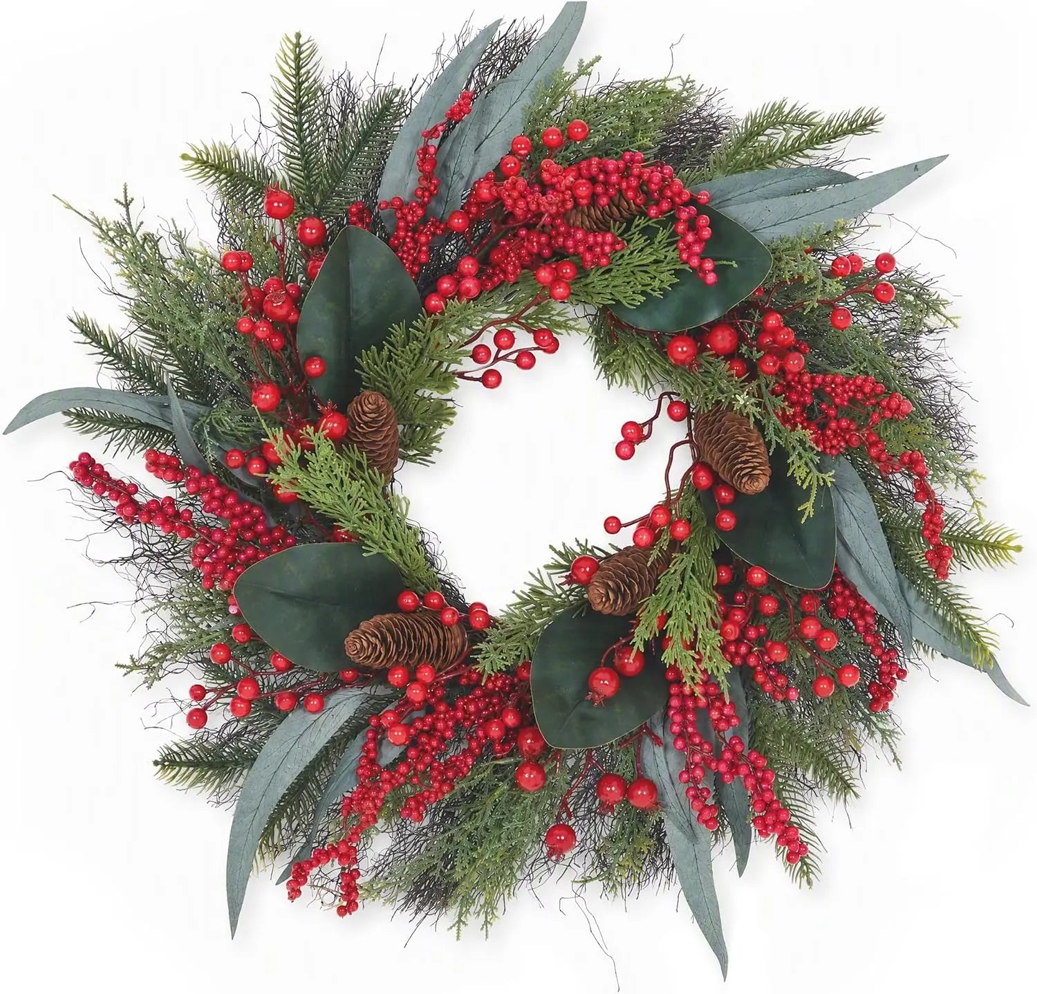 Artificial Christmas Wreath with Pine & Red Berries — Faux Greenery Holiday Decor