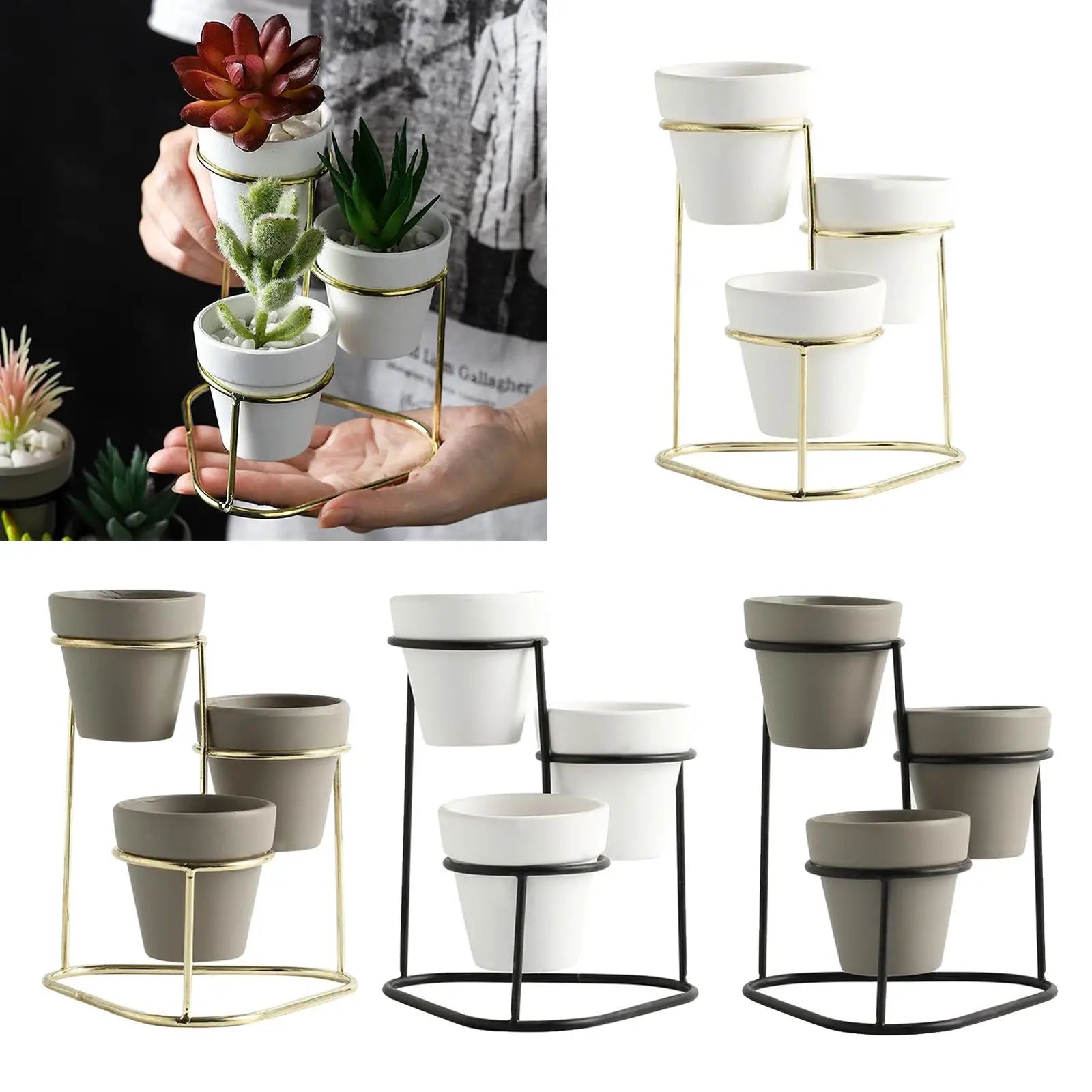 Kesoto Mini Ceramic Succulent Planter Set — Modern Pottery Pots with Metal Stand