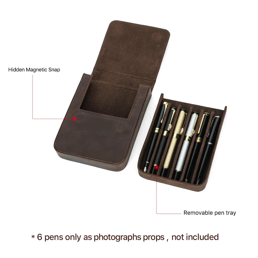 CONTACTS FAMILY Luxury Leather Pen Case — 6 Slot Organizer with Removable Tray
