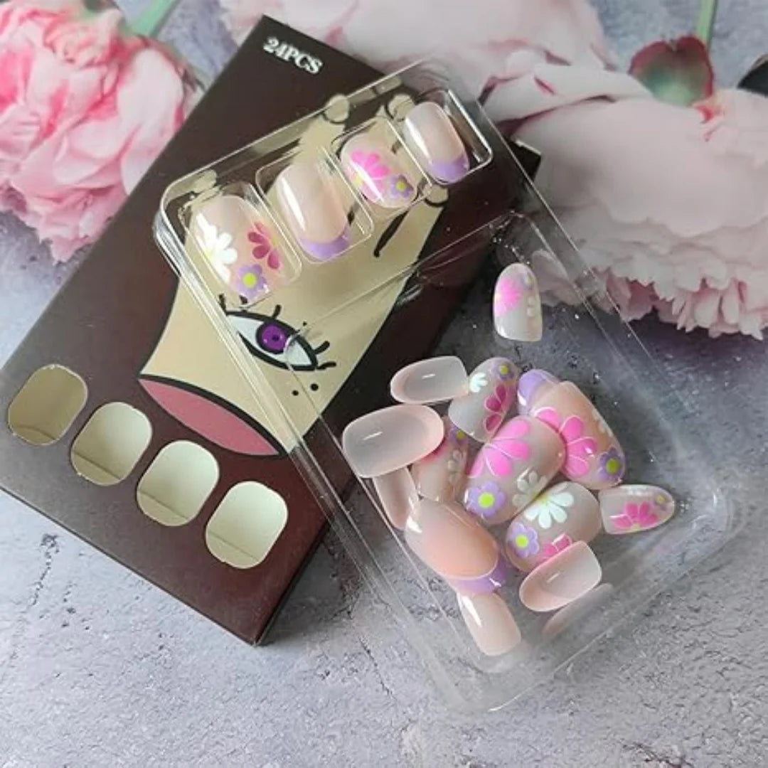 Pink Floral Press-On Nails — Short Almond French Tip Fake Nail Set