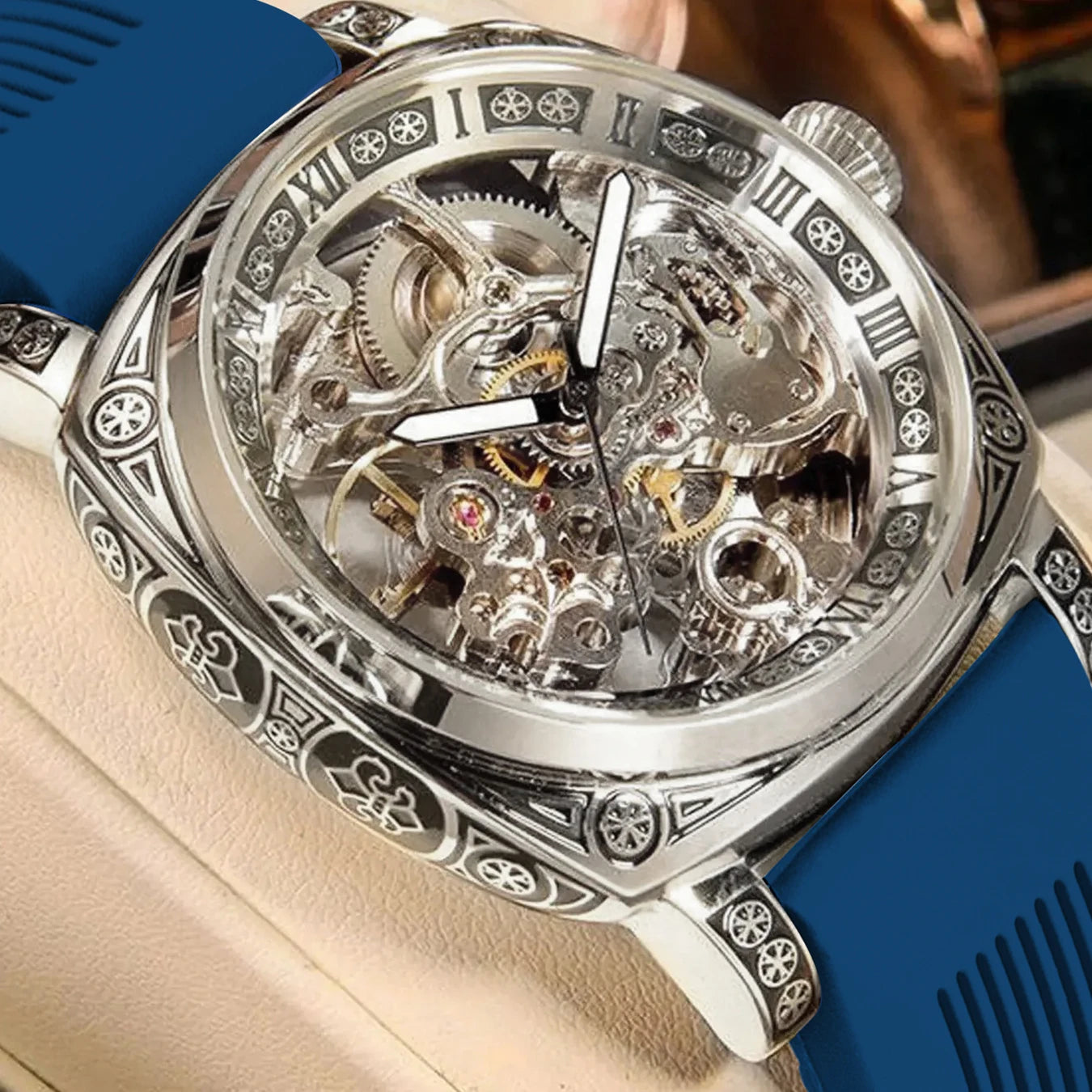 MEIRUIQI Men's Automatic Tourbillon Watch — Luminous Carved Mechanical Timepiece
