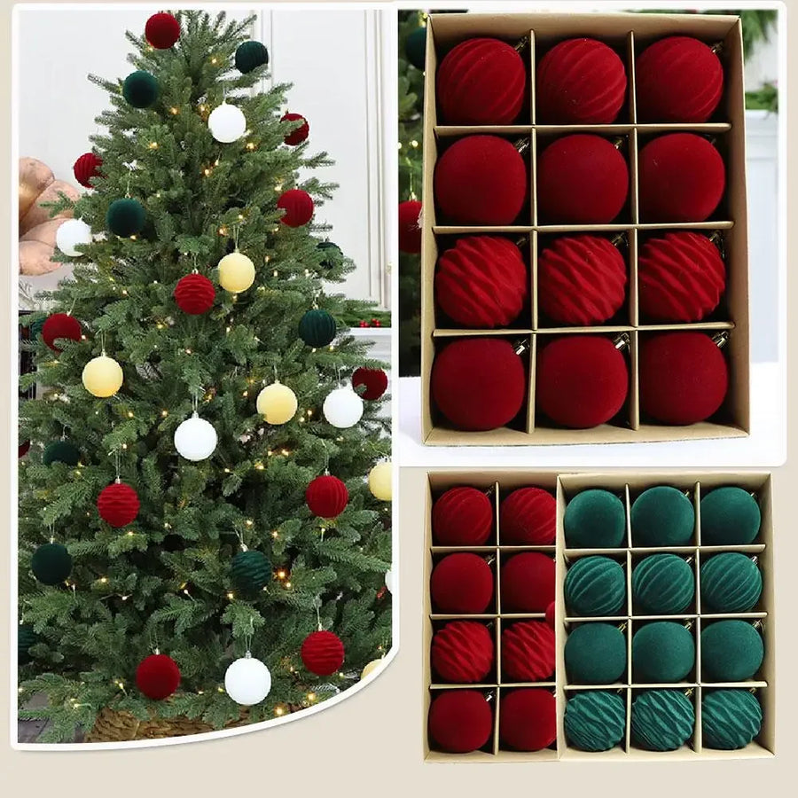Flocked Velvet Christmas Ball Ornaments — 12-Piece Holiday Tree Decor Set