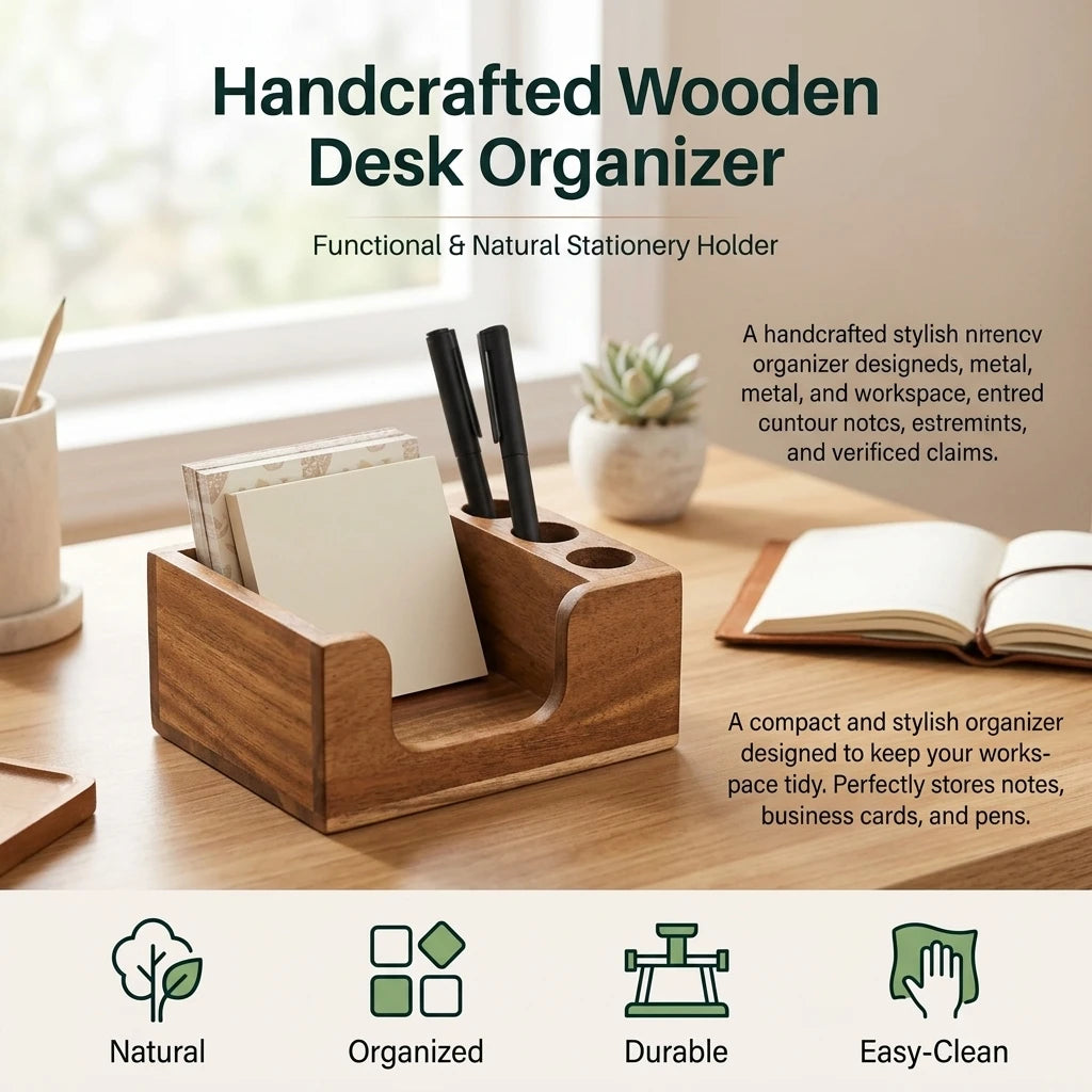 Solid Wood Desk Organizer — Multi-Compartment Office Storage, Pine
