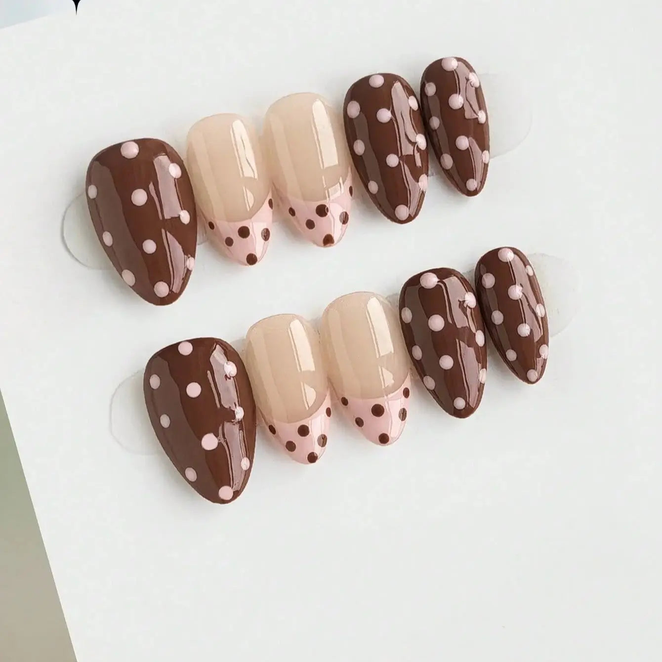 Handmade Short Almond Press On Nails — Glossy Polka Dot Design
