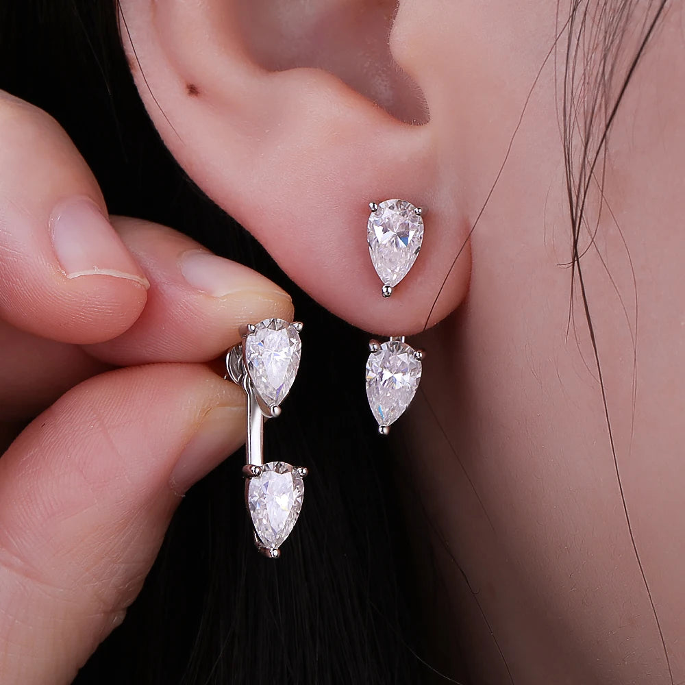 FEOBUR Moissanite Pear Cut Ear Jackets — 925 Sterling Silver Waterdrop Studs