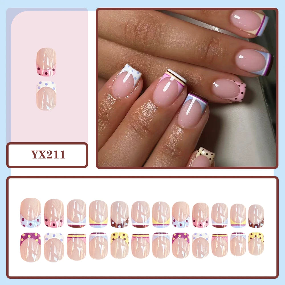 Nude French Press On Nails — Short Square Polka Dot & Stripe Set