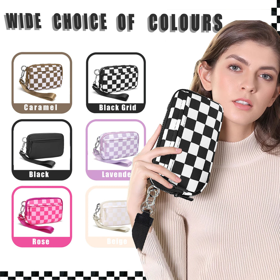 Women's Checkered Zip Around Wallet — Large Capacity Clutch with ID Window