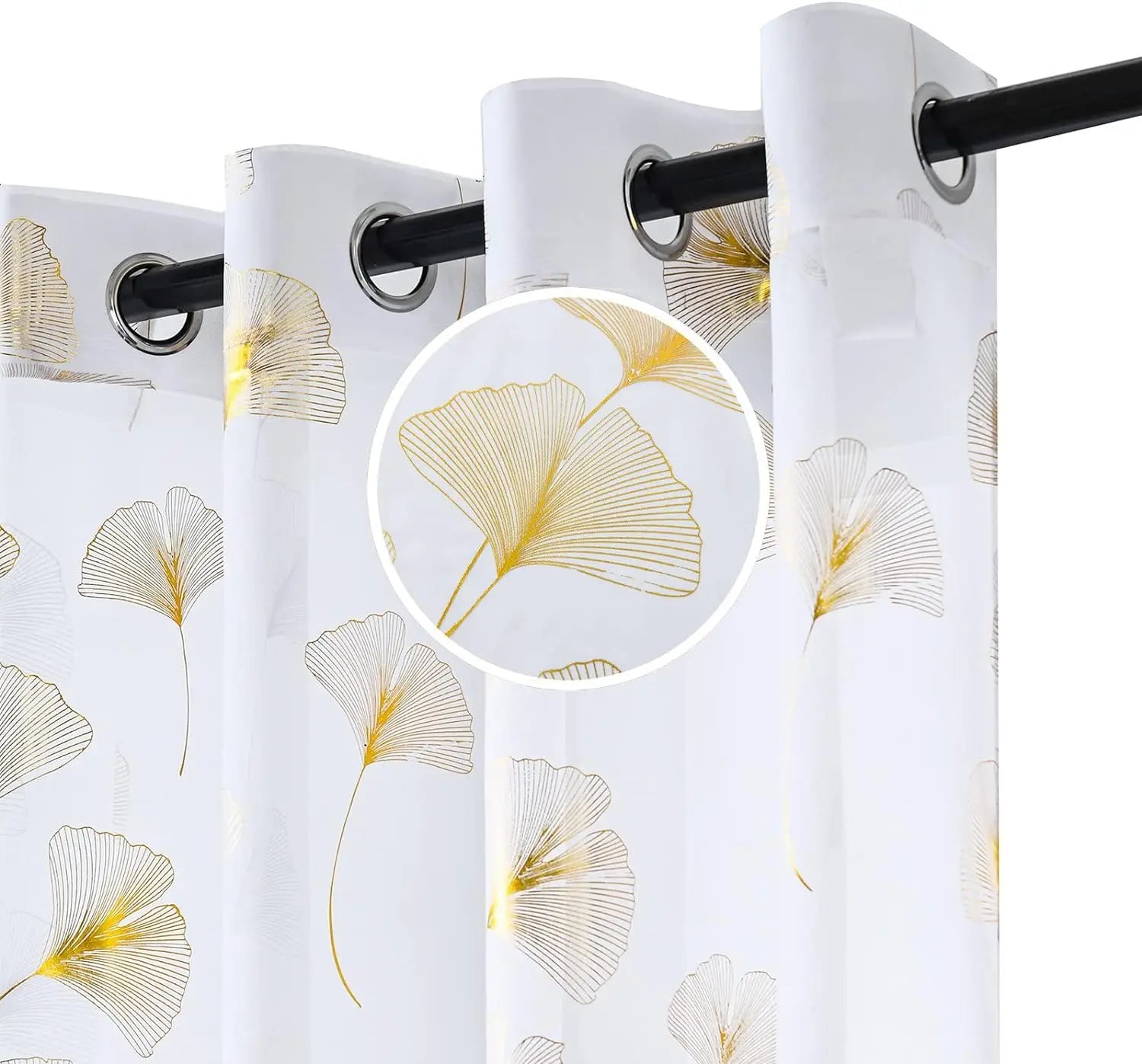 Gold Foil Leaf Print Sheer Voile Curtains — Luxury Metallic Window Drapes