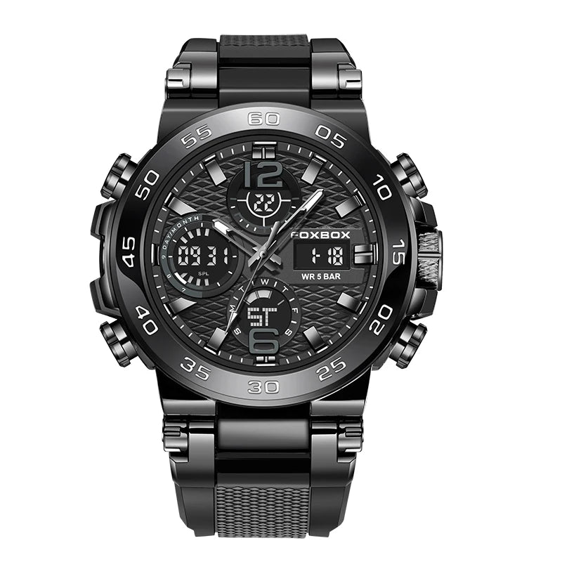 foxbox Men's Military Sports Watch — Waterproof Dual Display Quartz Timepiece