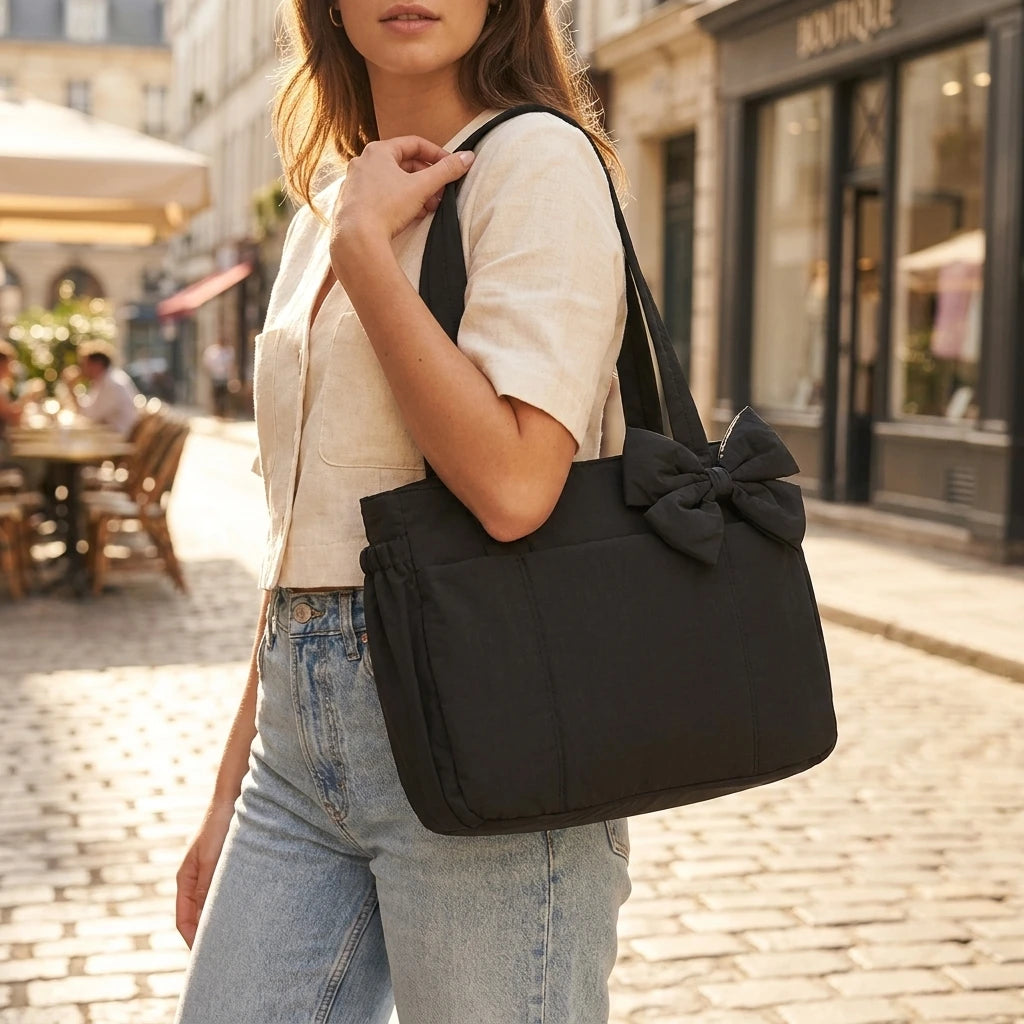 Padded Multi-Compartment Tote Bag — Water-Resistant Laptop Handbag with Bow
