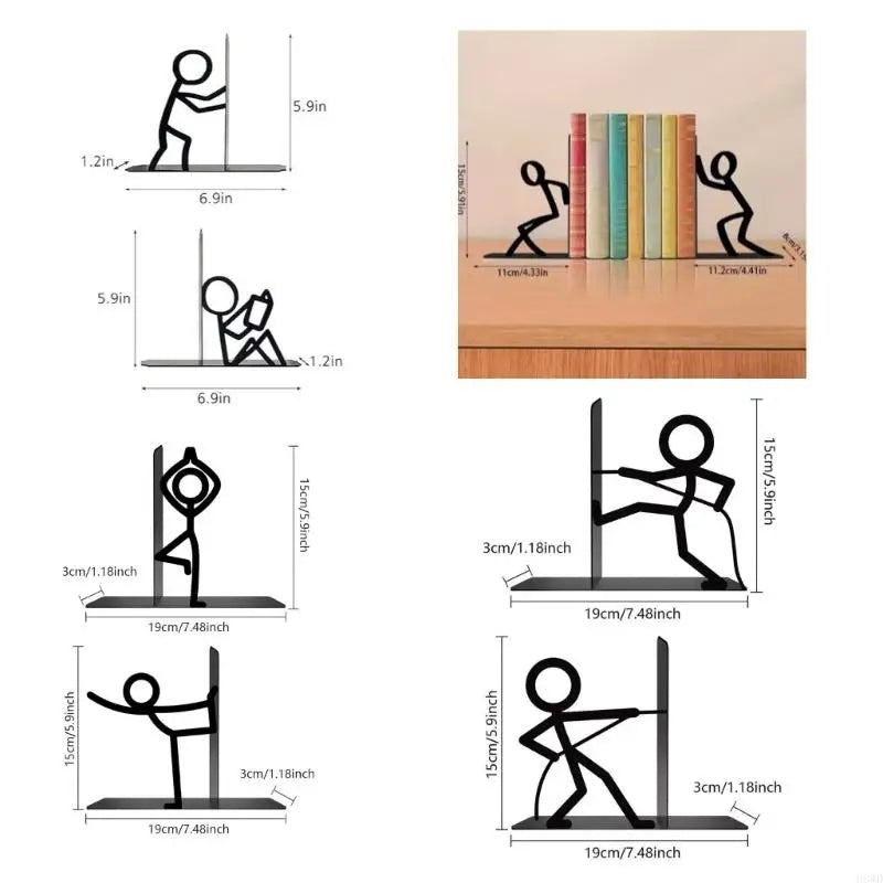 Decorative Metal Bookend Set — Character Design Iron Supports for Desk Organization