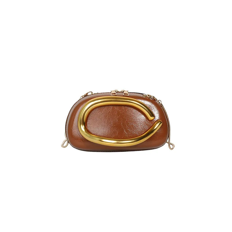 Elegant Round Evening Clutch — Metal Handle Crossbody Bag with Chain Strap
