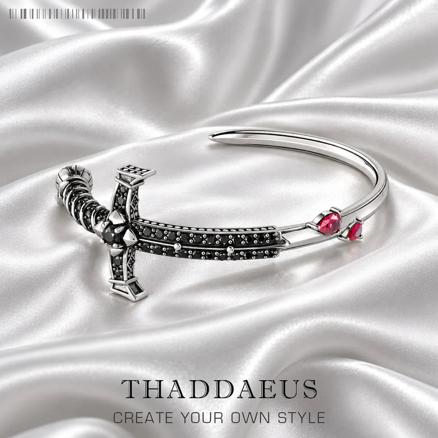 Thaddaeus Sword Bangle — 925 Sterling Silver Cuff with Black and Red Stones