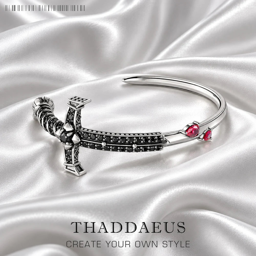 Thaddaeus Sword Bangle — 925 Sterling Silver Cuff with Black and Red Stones