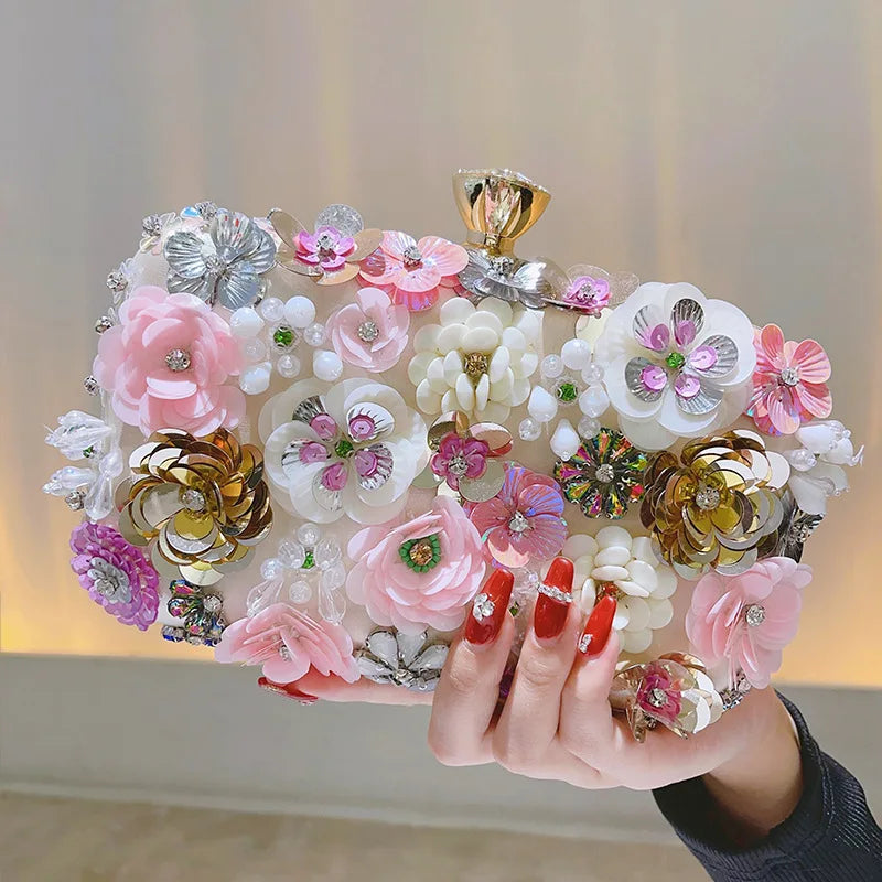 Elegant Floral Evening Clutch — Silk Handbag with Chain Strap