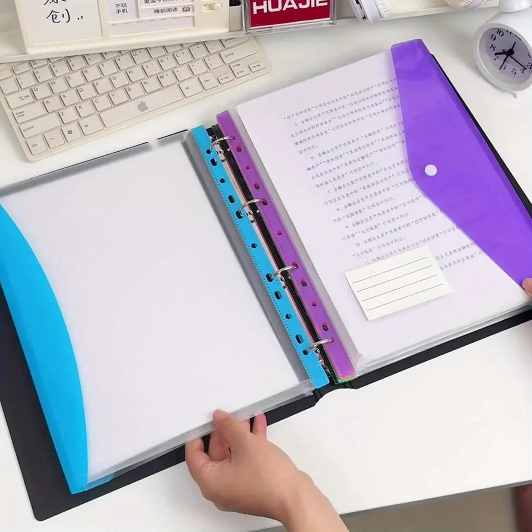 A4 Transparent Binder Pocket Organizers — 11-Hole Document Pouches with Button Labels