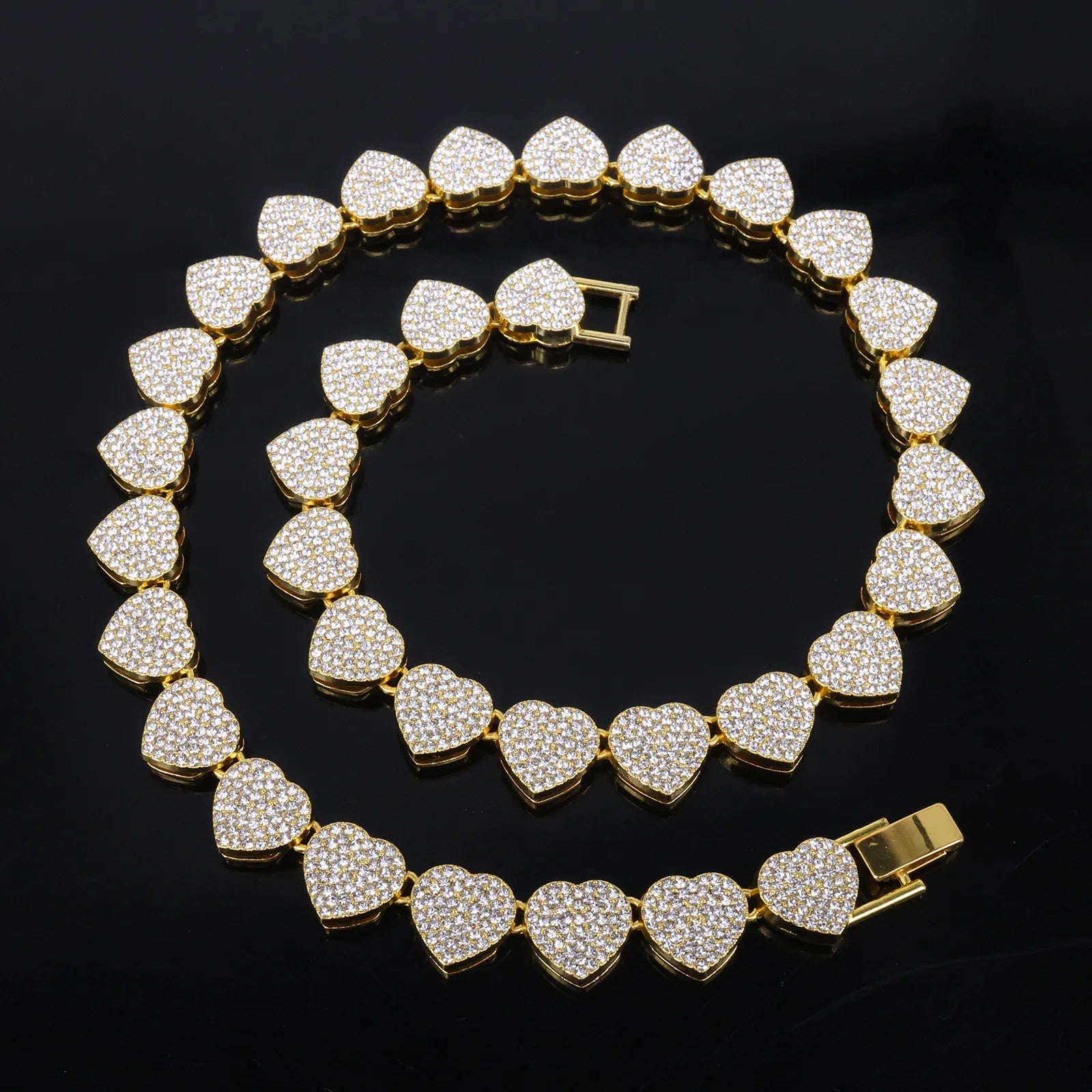 Hip Hop Rhinestone Heart Jewelry Set — Tennis Chain Necklace and Bracelet