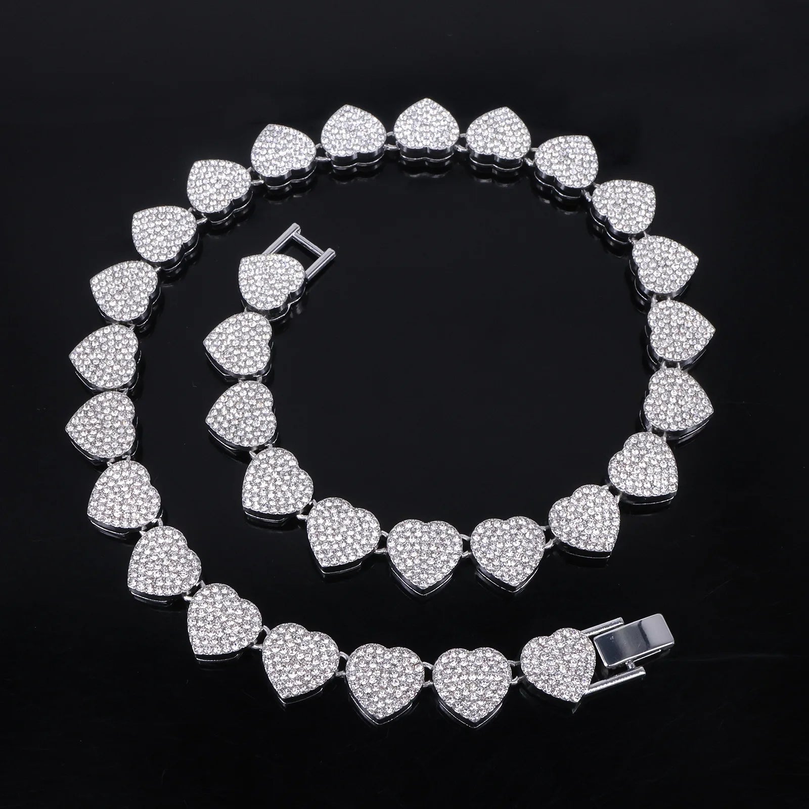 Hip Hop Rhinestone Heart Jewelry Set — Tennis Chain Necklace and Bracelet