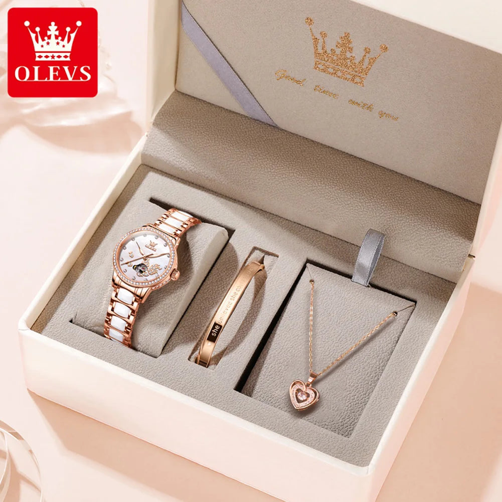 OLEVS 7001 Automatic Ladies' Watch — Elegant Ceramic Strap & Diamond Dial