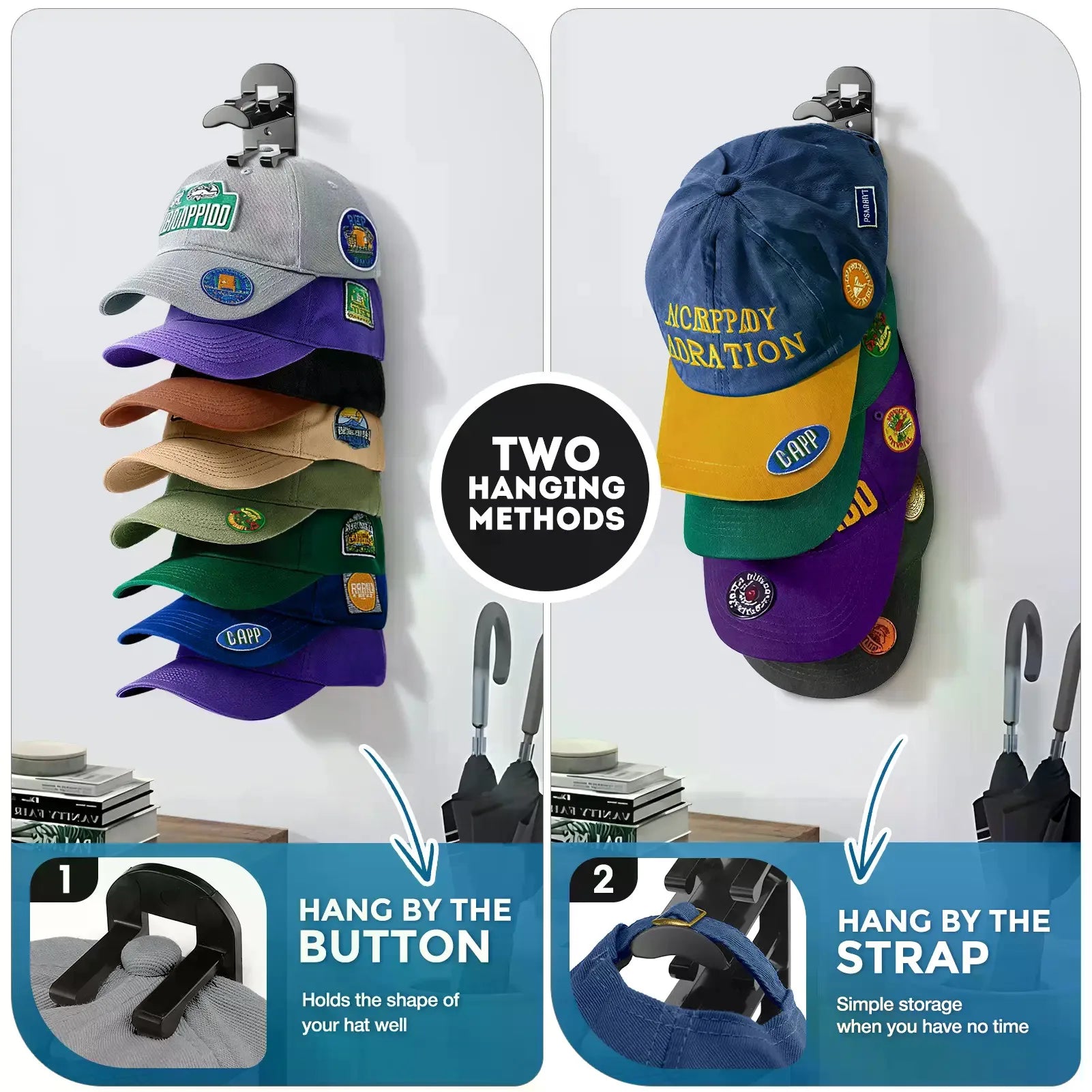 Wall-Mounted Hat Rack 2-Pack — Space-Saving Cap Organizer for Baseball Hats