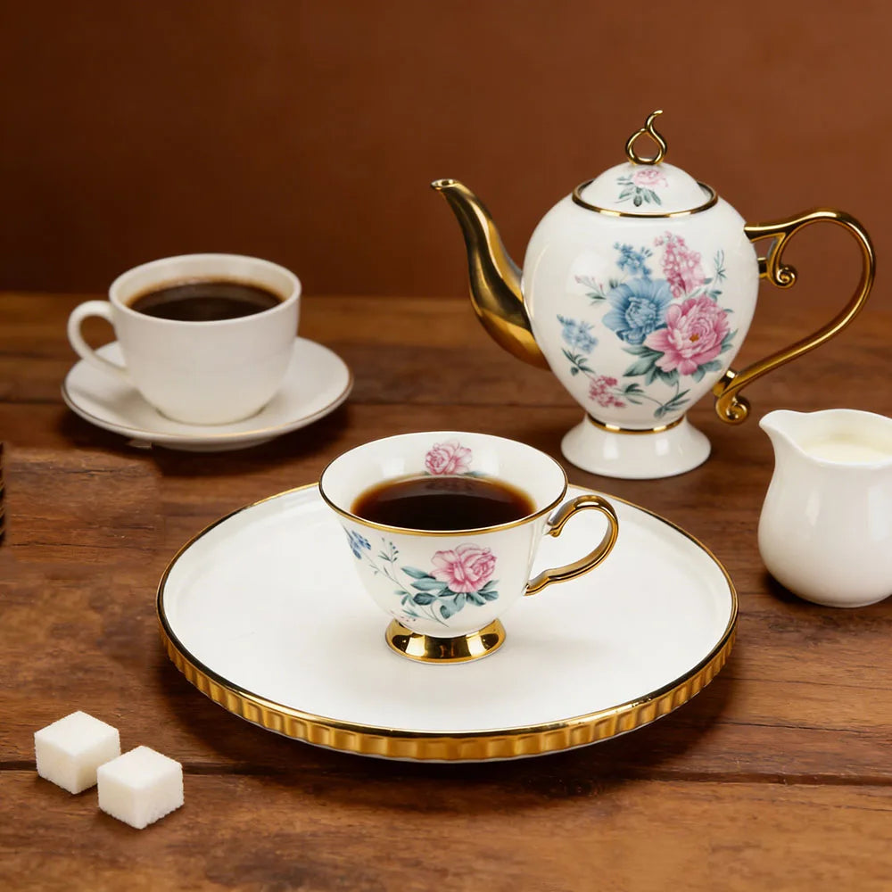 Vintage Floral Porcelain Tea Set — 8-Piece Ceramic Set with Gold Trim