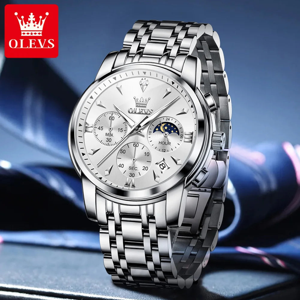 OLEVS 3639 Luxury Quartz Watch — Stainless Steel Moon Phase Men's Timepiece