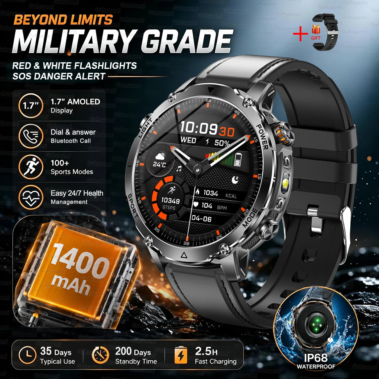 GUHUAVMI Military Smartwatch — 1400mAh Battery with GPS & Flashlight