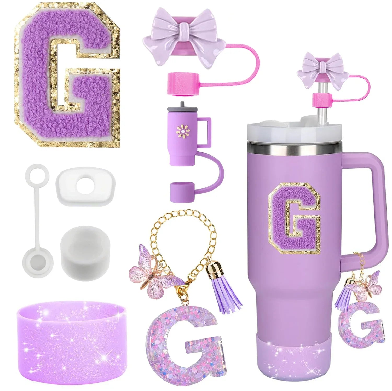 8-Piece Purple Tumbler Accessory Set — Silicone Straw Topper & Personalized Charms