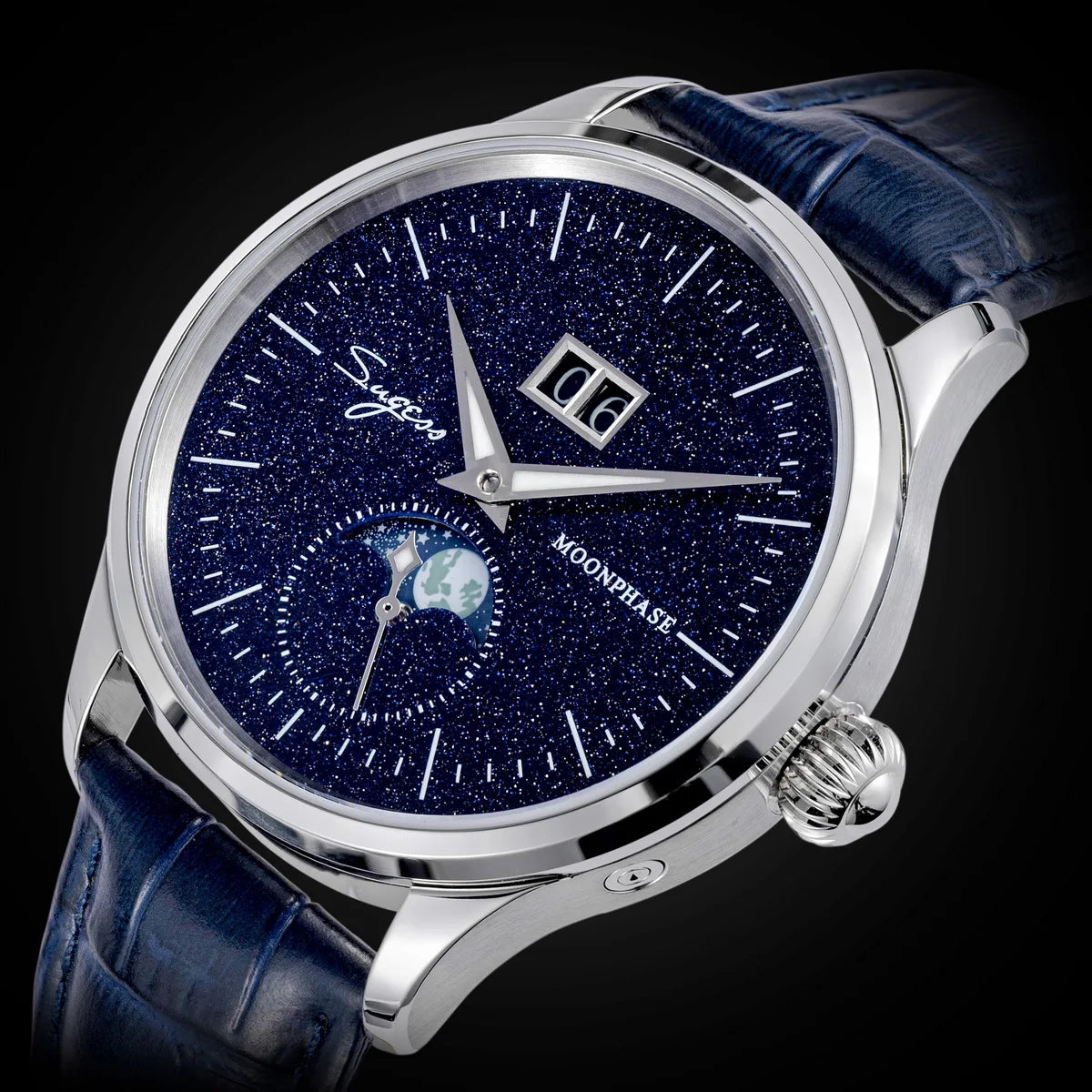 SUGESS Men's Moonphase Watch — Automatic Mechanical Blue Sandstone Dial
