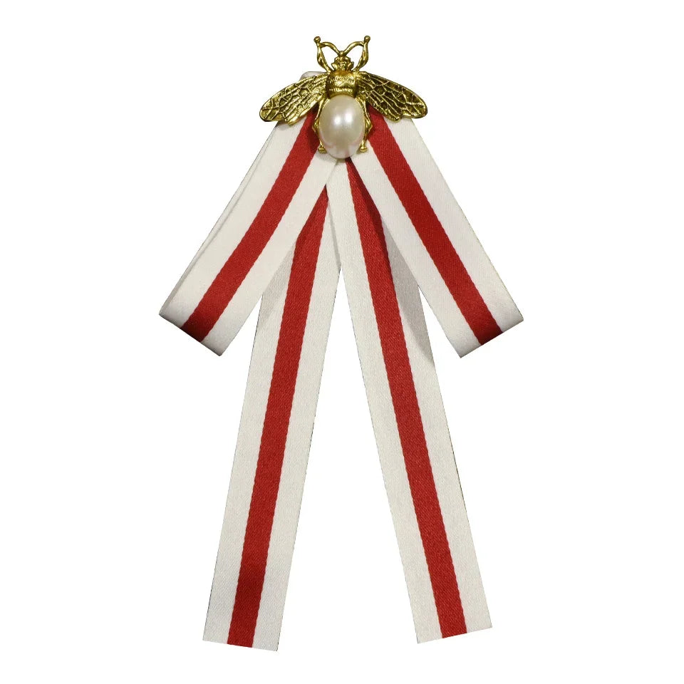 i-Remiel Retro Striped Bow Tie Brooch — Elegant Fabric Ribbon Lapel Pin