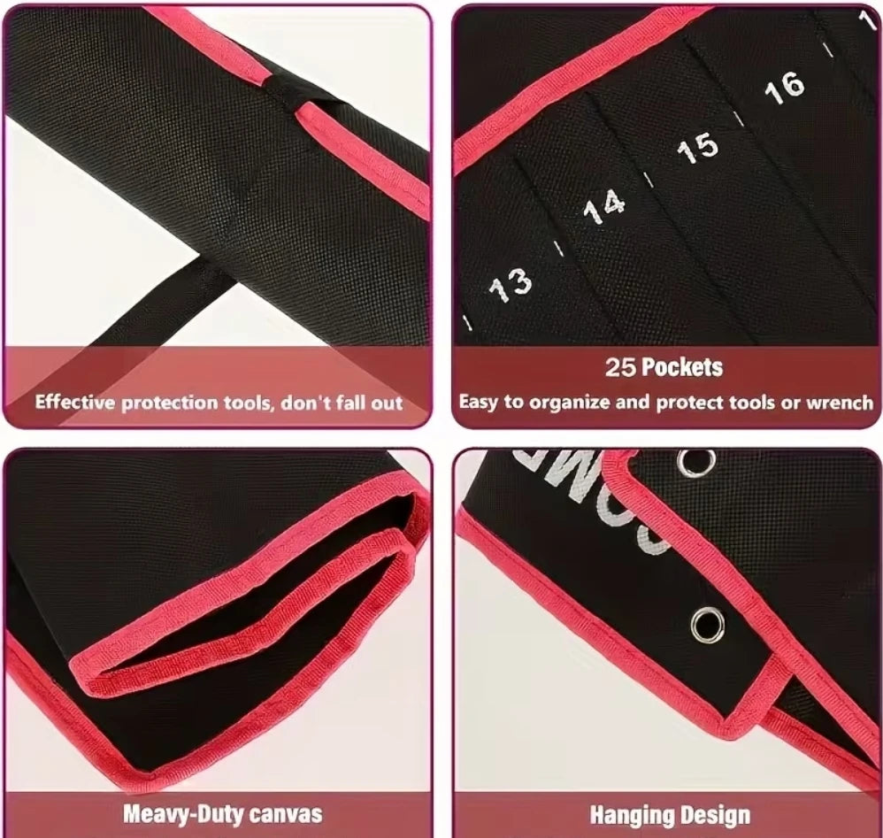 14-Pocket Tool Organizer Roll — Heavy Duty Canvas Wrench Storage Bag