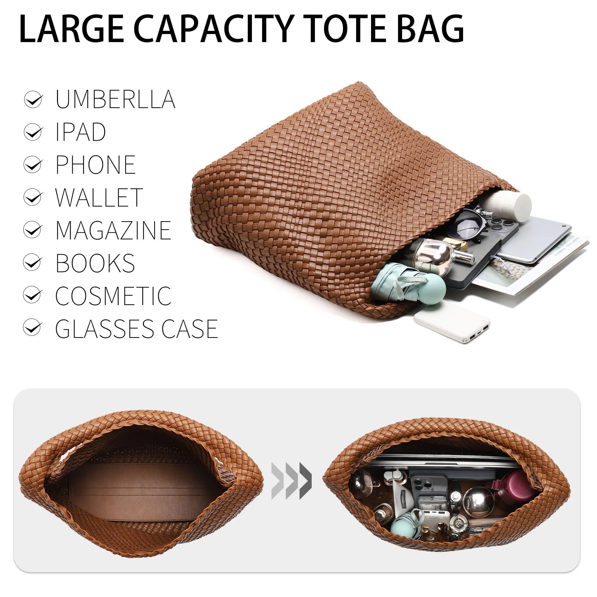 Handwoven Vegan Leather Tote Bag — Large Capacity Shoulder Bag with Clutch