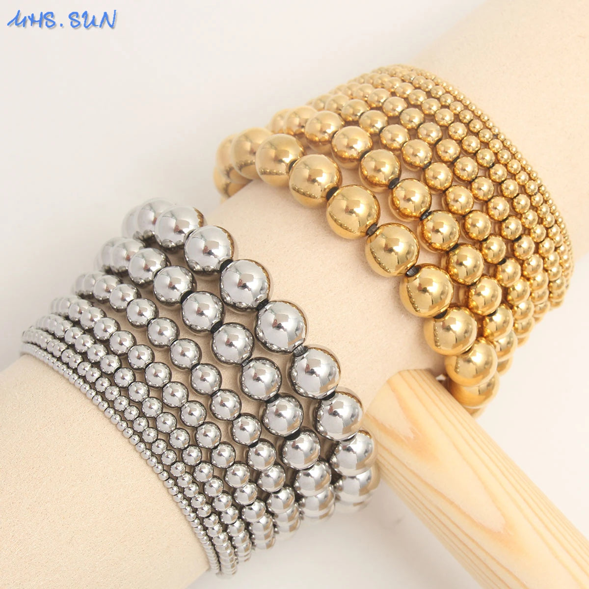 MHS.SUN Stainless Steel Beaded Bracelet — Gold Plated Stackable Jewelry