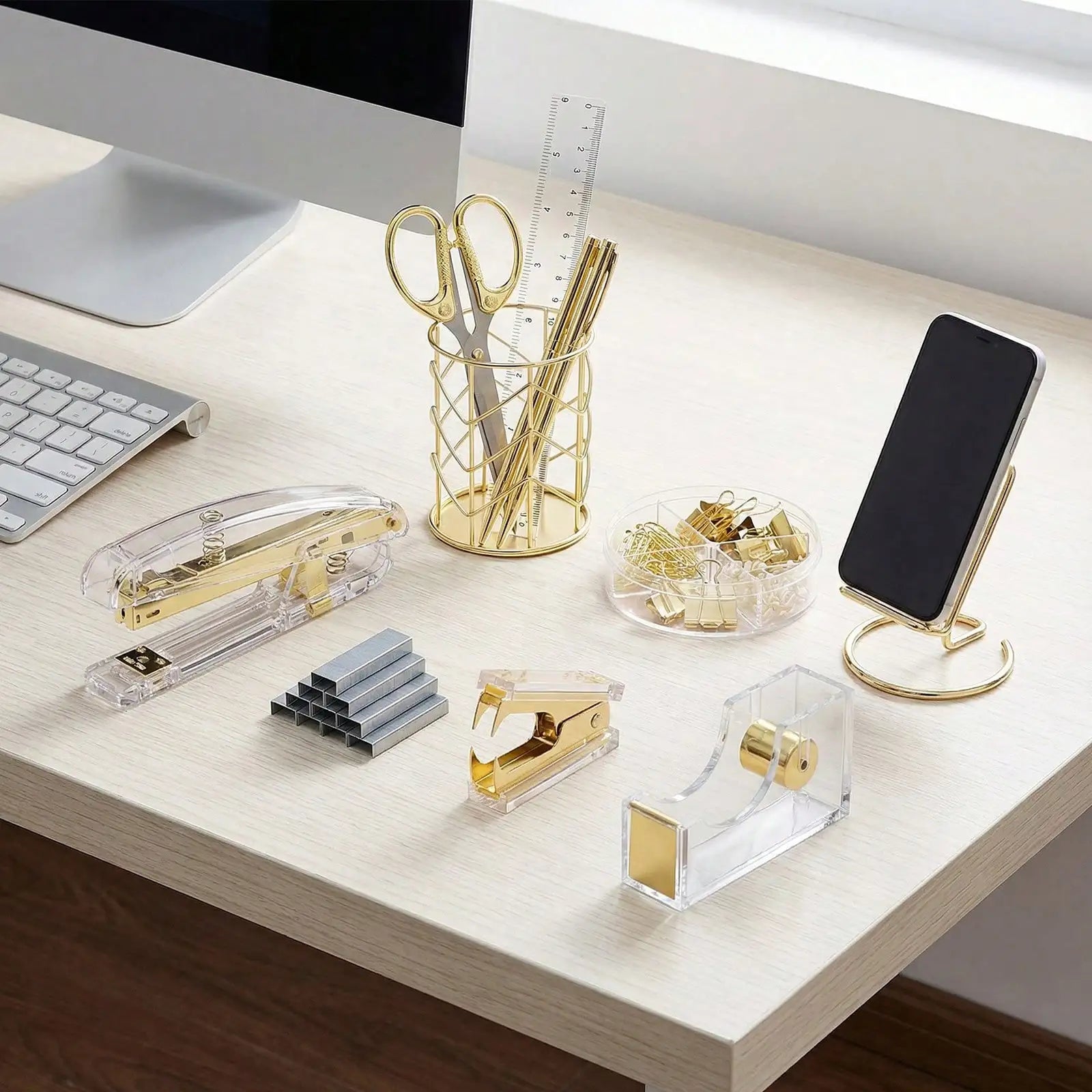 Gold Acrylic Desk Accessories Set — Elegant Office Supplies Kit