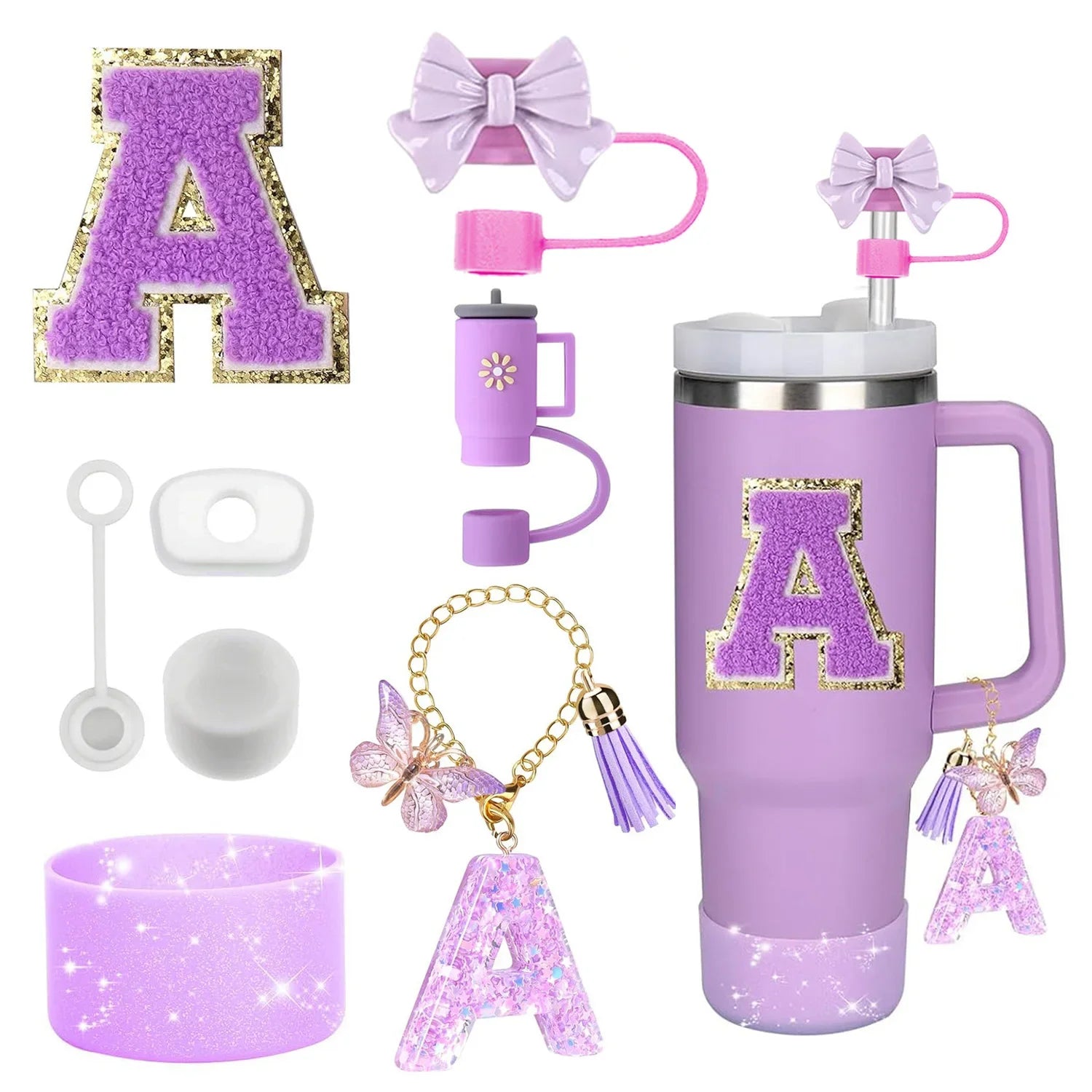 8-Piece Purple Tumbler Accessory Set — Silicone Straw Topper & Personalized Charms