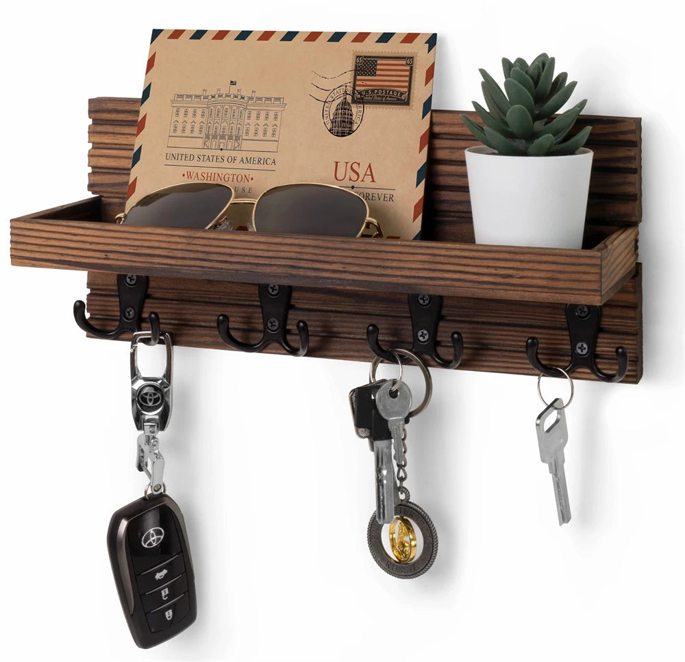 Wooden Wall Mounted Key Holder — Rustic Entryway Organizer with 4 Hooks