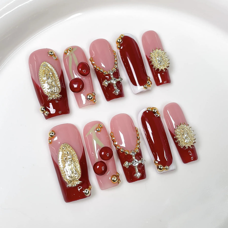 Qsezeny Wine Red Coffin Press-On Nails — Baroque Gold Design, 10 Pieces