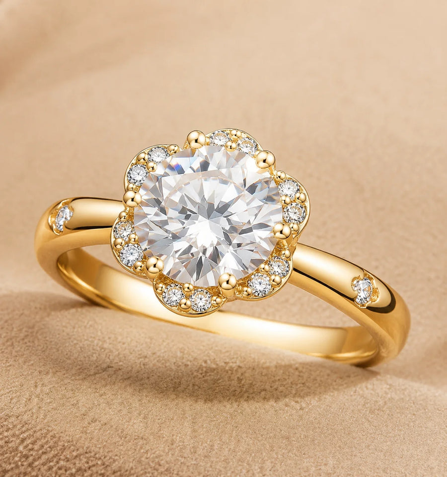 YUKOOL Flower Shaped CZ Engagement Ring — 18K Gold Plated Floral Solitaire