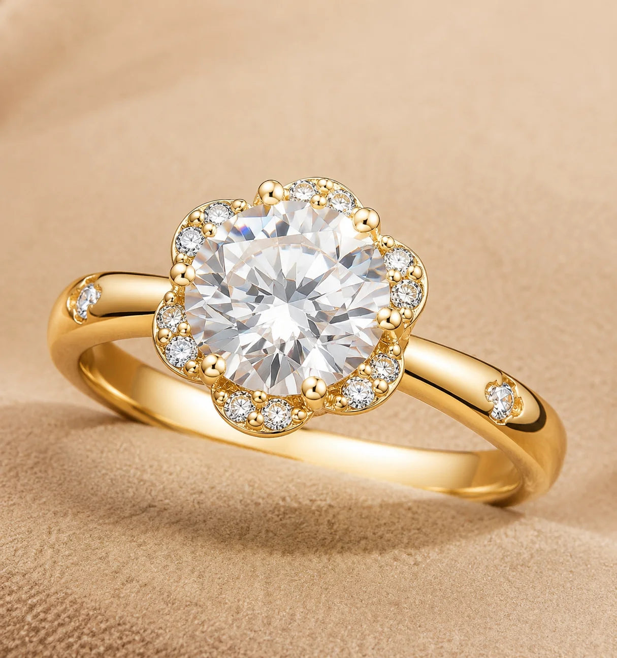 YUKOOL Flower Shaped CZ Engagement Ring — 18K Gold Plated Floral Solitaire