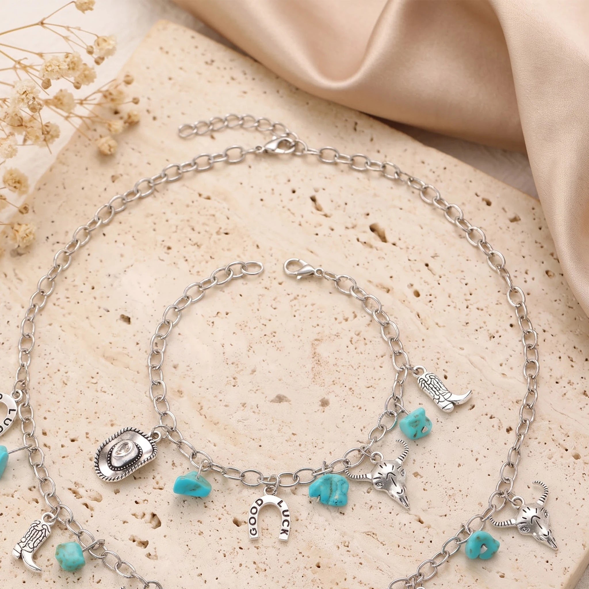 Obega Boho Western Jewelry Set — Turquoise Stone Necklace & Bracelet