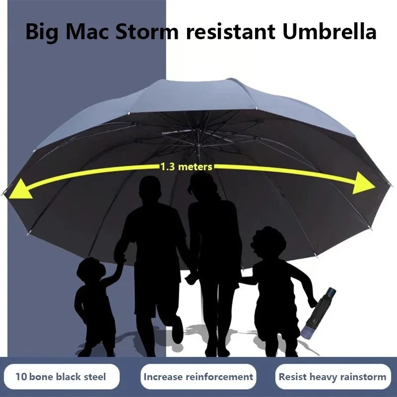 Large Ten-Bone Folding Umbrella — Windproof & UV Protection, 130cm