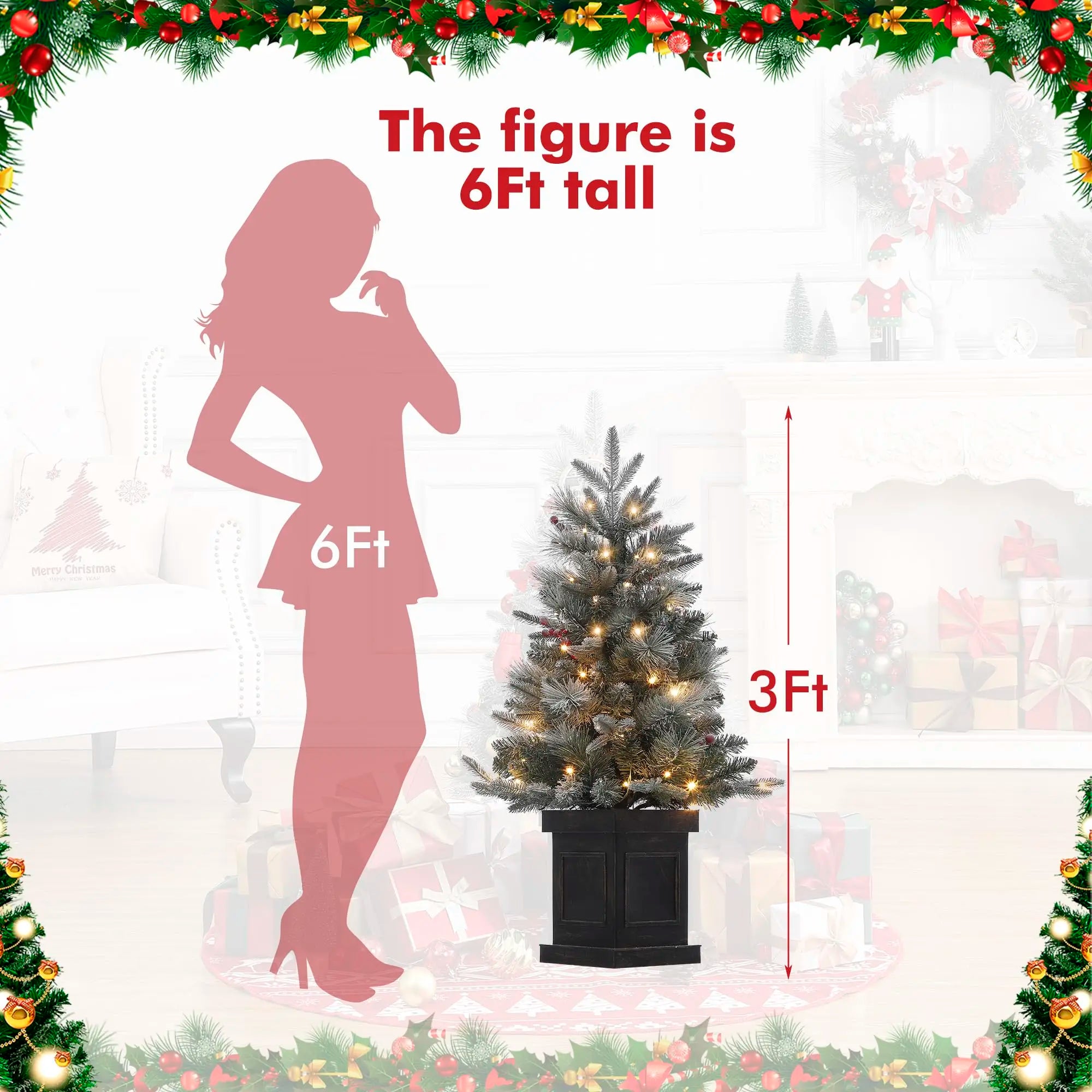 GAOMON 3ft Pre-Lit Snow Flocked Christmas Tree — Mini Tabletop Holiday Decor