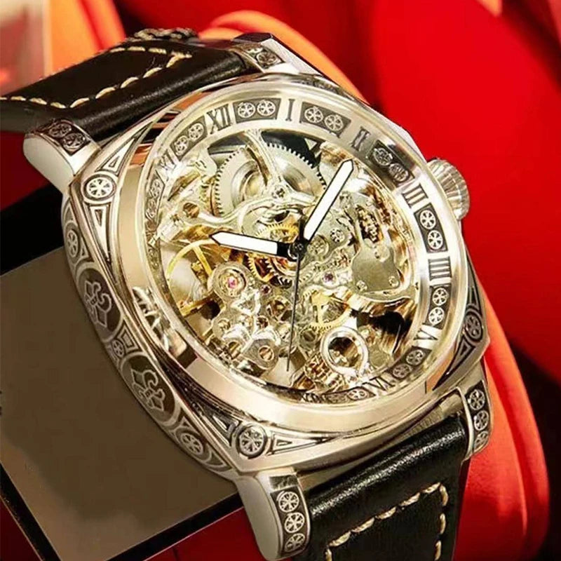 MEIRUIQI Men's Automatic Tourbillon Watch — Luminous Carved Mechanical Timepiece
