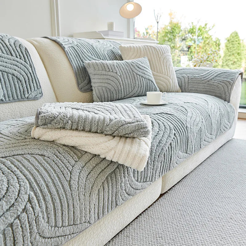 Plush Striped Sofa Cover — Non-Slip Thickened Furniture Protector