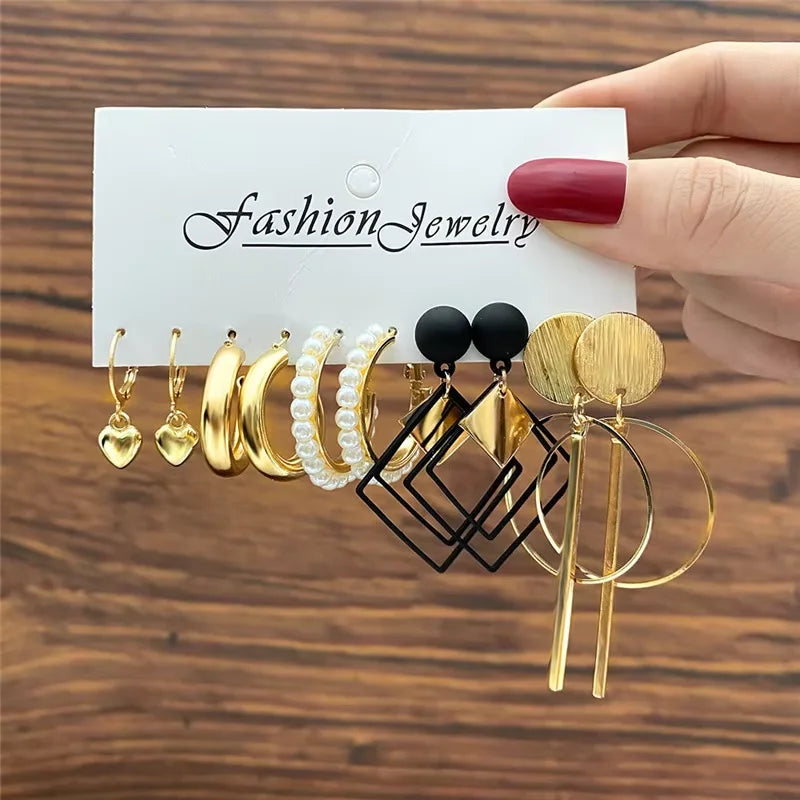 AY Geometric Hoop Earrings Set — Vintage Bohemian Pearl Drop Jewelry