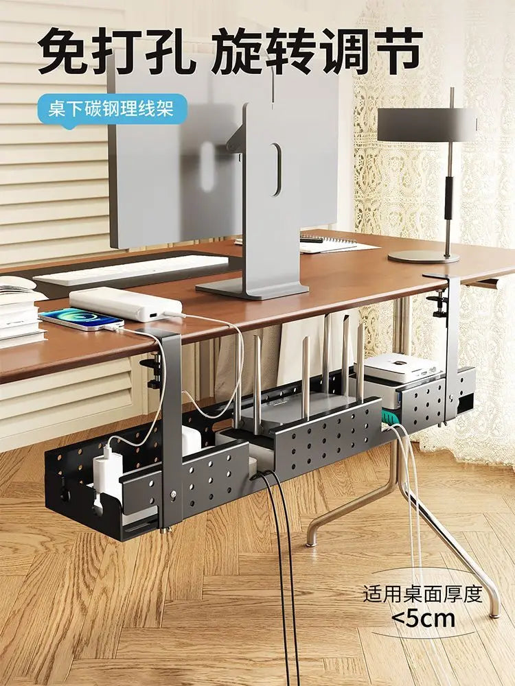 Under Desk Cable Management Tray — Sturdy Metal Cord Organizer, No-Drill Clamp Mount